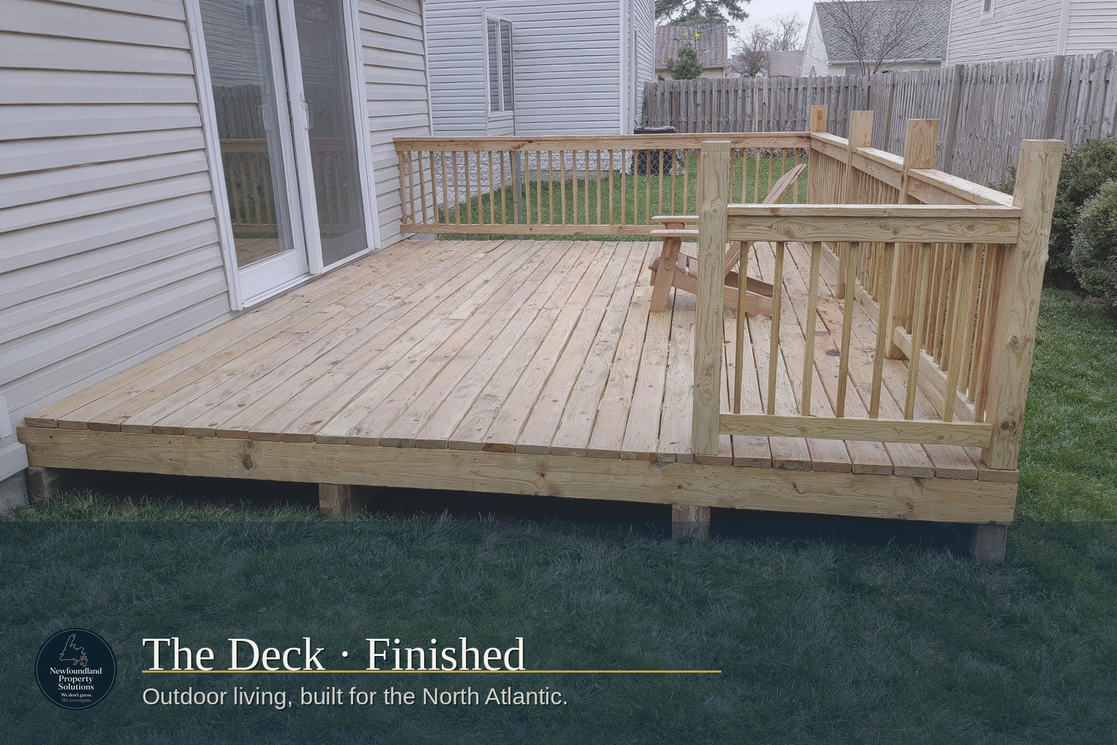 Finished deck viewed from the house showing railing, stairs and yard access