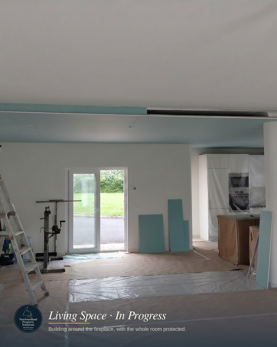Living space in progress around the fireplace