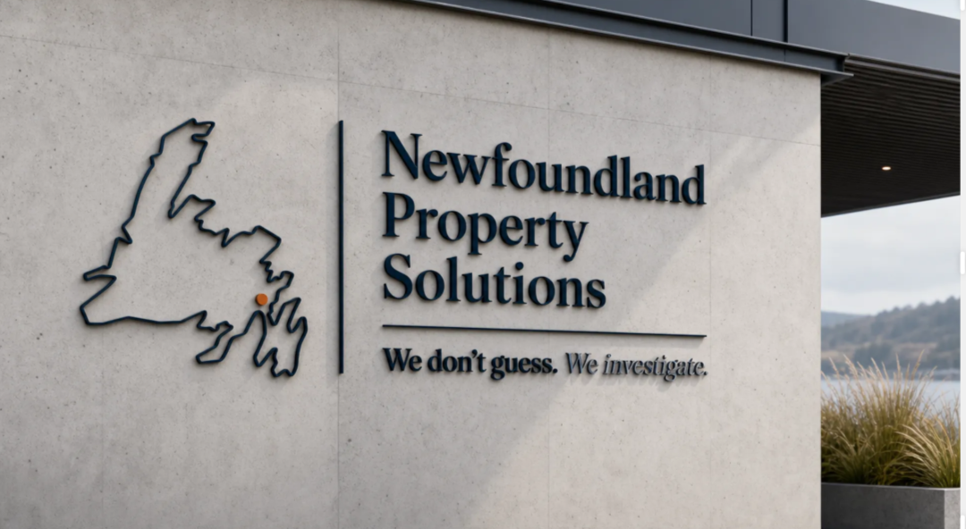 Newfoundland Property Solutions signage on a concrete facade — the Newfoundland map mark with the tagline 'We don't guess. We investigate.'