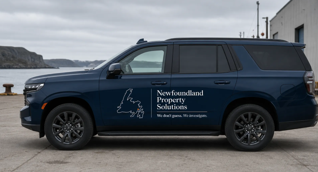 Branded Newfoundland Property Solutions vehicle parked at a working harbour.