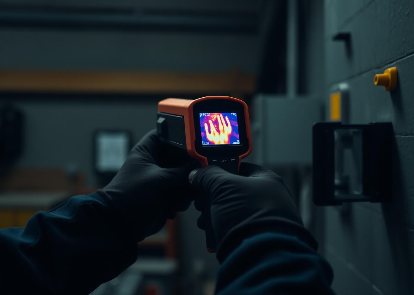Technician using a thermal imaging camera on a wall